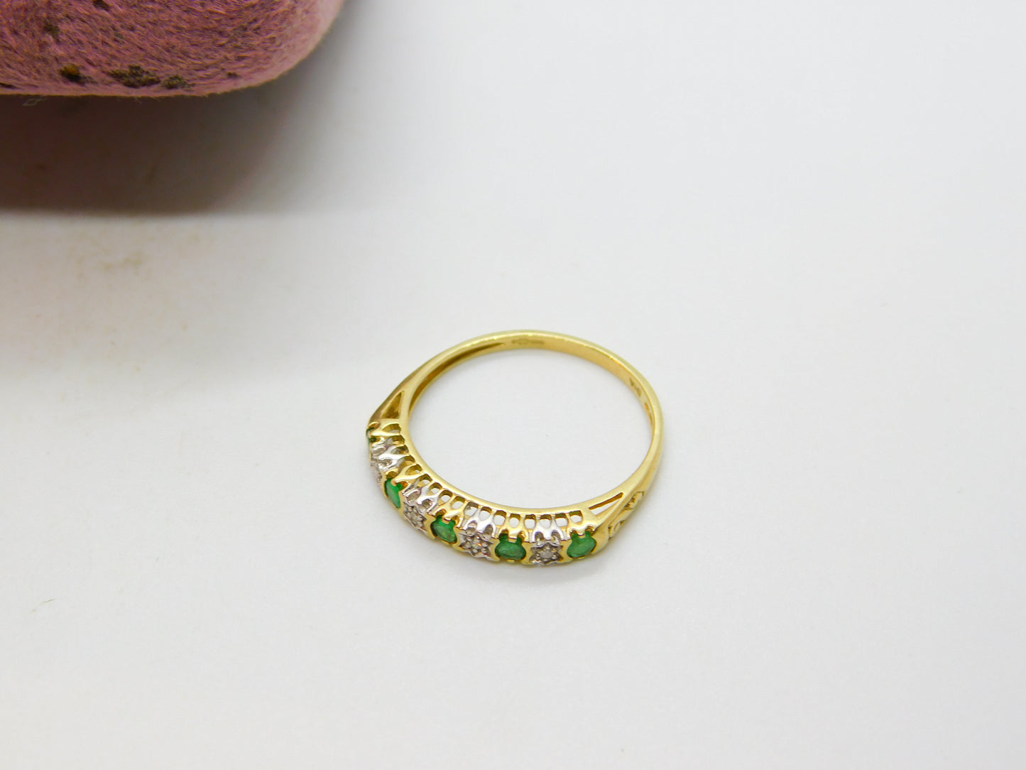 9ct Yellow Gold, Emerald & Diamond Half Eternity Ring Vintage c1990 London