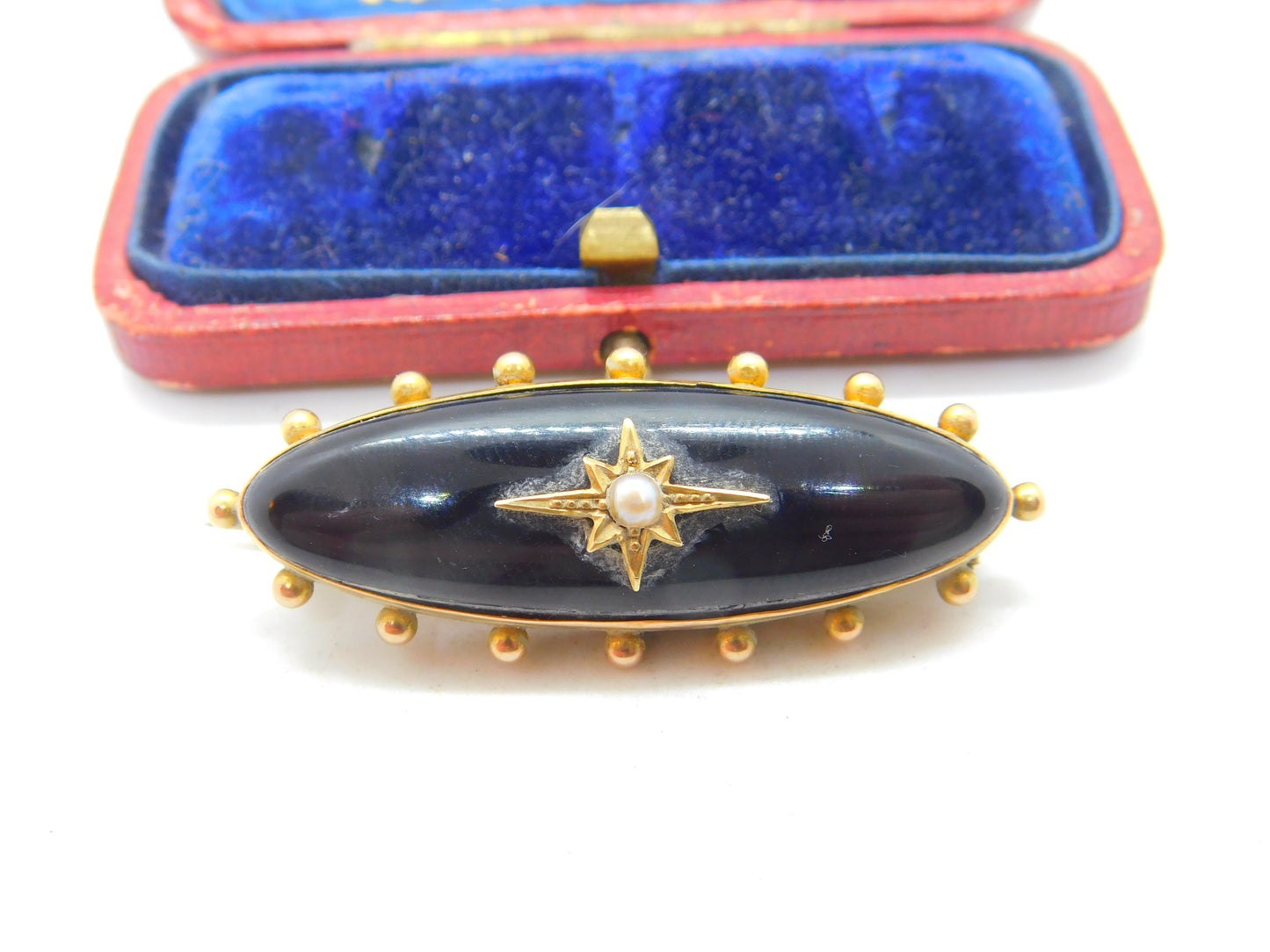 Victorian 15ct Gold, Black Enamel & Pearl Mourning Locket Brooch Antique c1880