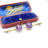 Victorian 9ct Yellow Gold & Hexagonal Cut Amethyst Bar Brooch Antique c1880