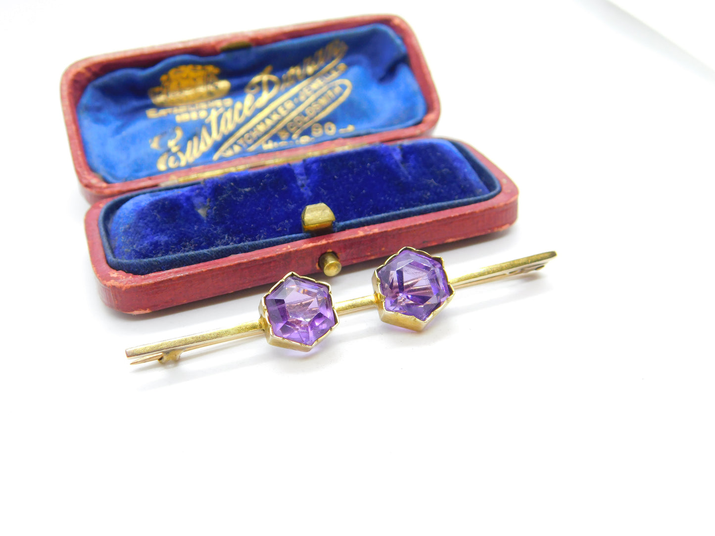 Victorian 9ct Yellow Gold & Hexagonal Cut Amethyst Bar Brooch Antique c1880