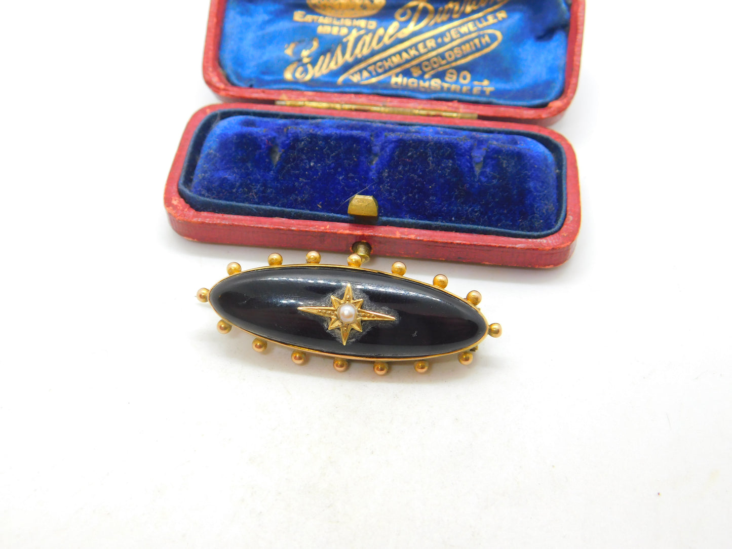 Victorian 15ct Gold, Black Enamel & Pearl Mourning Locket Brooch Antique c1880