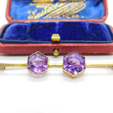 Victorian 9ct Yellow Gold & Hexagonal Cut Amethyst Bar Brooch Antique c1880