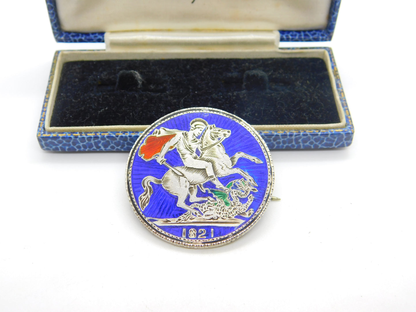 Georgian Sterling Silver & Enamel Crown Coin Brooch Pin Antique 1821