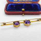 Victorian 9ct Yellow Gold & Hexagonal Cut Amethyst Bar Brooch Antique c1880