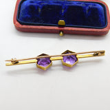Victorian 9ct Yellow Gold & Hexagonal Cut Amethyst Bar Brooch Antique c1880