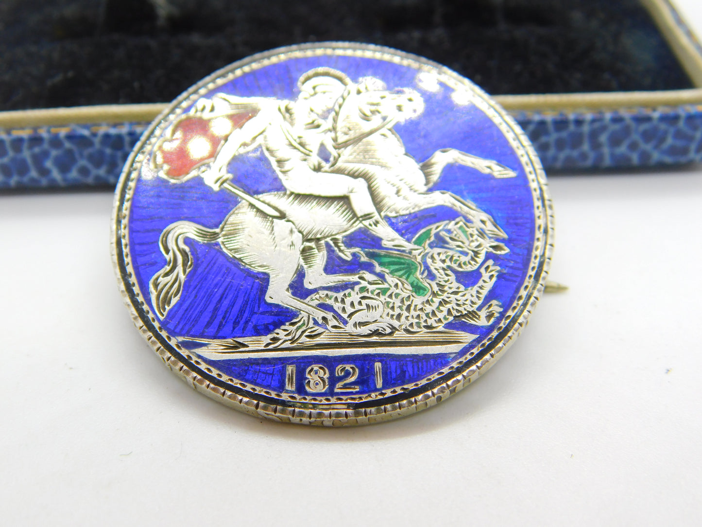 Georgian Sterling Silver & Enamel Crown Coin Brooch Pin Antique 1821