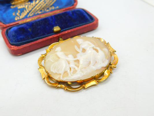 Victorian 9ct Gold Carved Shell 'Jupiter & Juno' Classical Cameo Brooch Antique