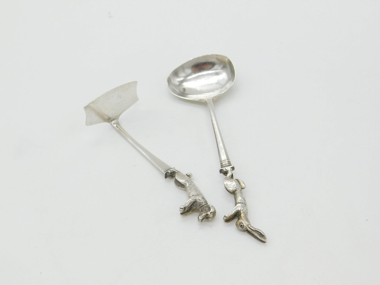 Sterling Silver Novelty Rabbit & Puppy Dog Baby Pusher & Feeder Spoon Set 1948