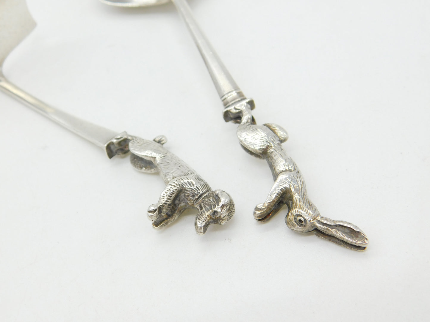 Sterling Silver Novelty Rabbit & Puppy Dog Baby Pusher & Feeder Spoon Set 1948