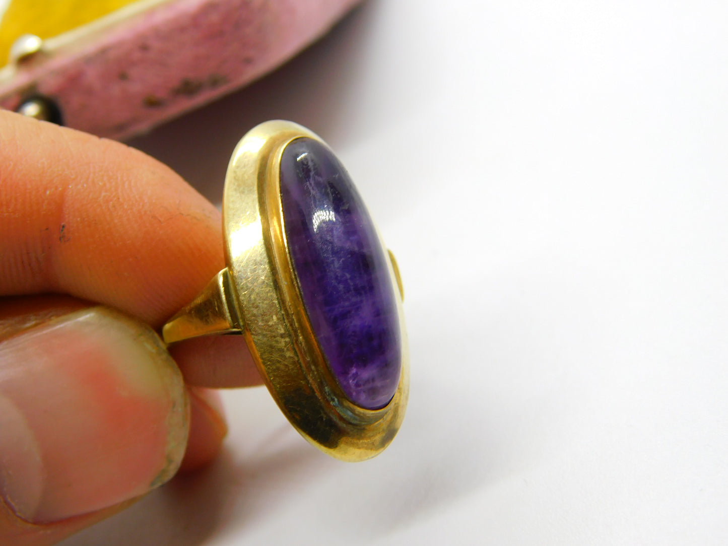 8ct Gold Cabochon Amethyst or Blue John Modernist Ring Antique c1930