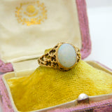 9ct Yellow Gold & Cabochon Fire Opal Textured Band Ring 1972 Birmingham