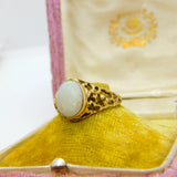 9ct Yellow Gold & Cabochon Fire Opal Textured Band Ring 1972 Birmingham