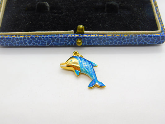 Italian 9ct Gold & Blue Enamel Leaping Dolphin Charm or Pendant Vintage c1980