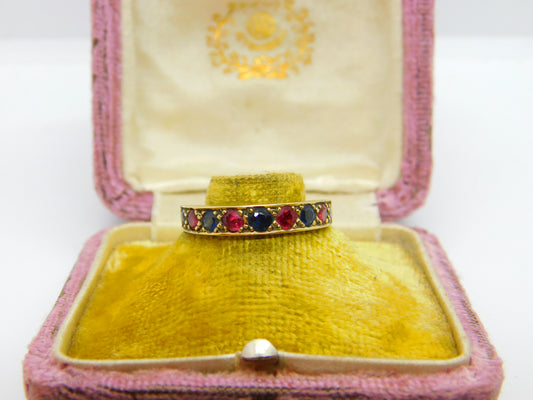 9ct Yellow Gold, Ruby & Sapphire Half Eternity Ring Vintage c1970 Birmingham