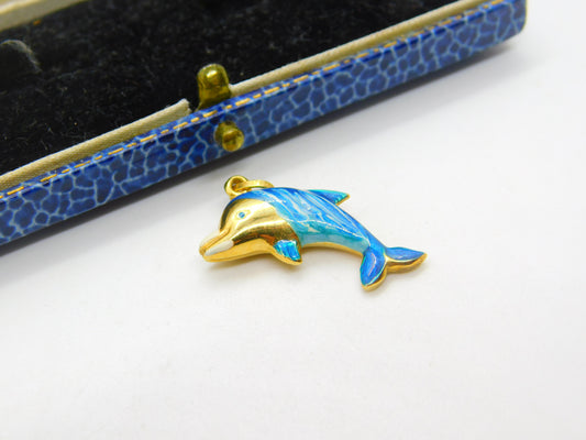 Italian 9ct Gold & Blue Enamel Leaping Dolphin Charm or Pendant Vintage c1980