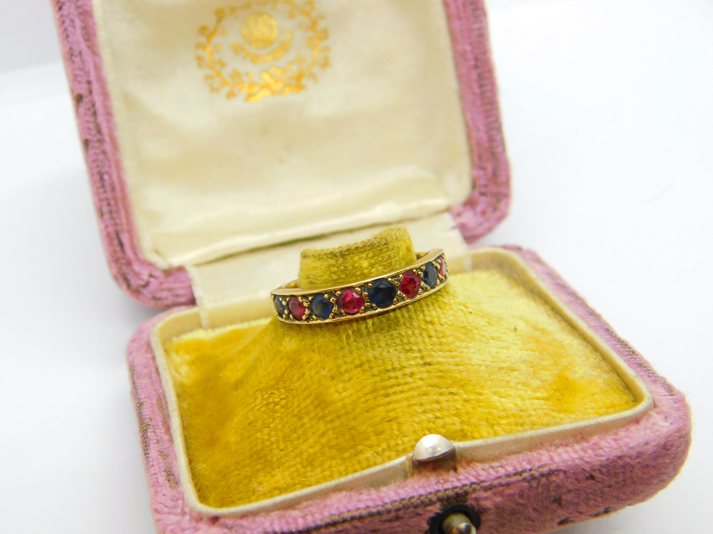 9ct Yellow Gold, Ruby & Sapphire Half Eternity Ring Vintage c1970 Birmingham