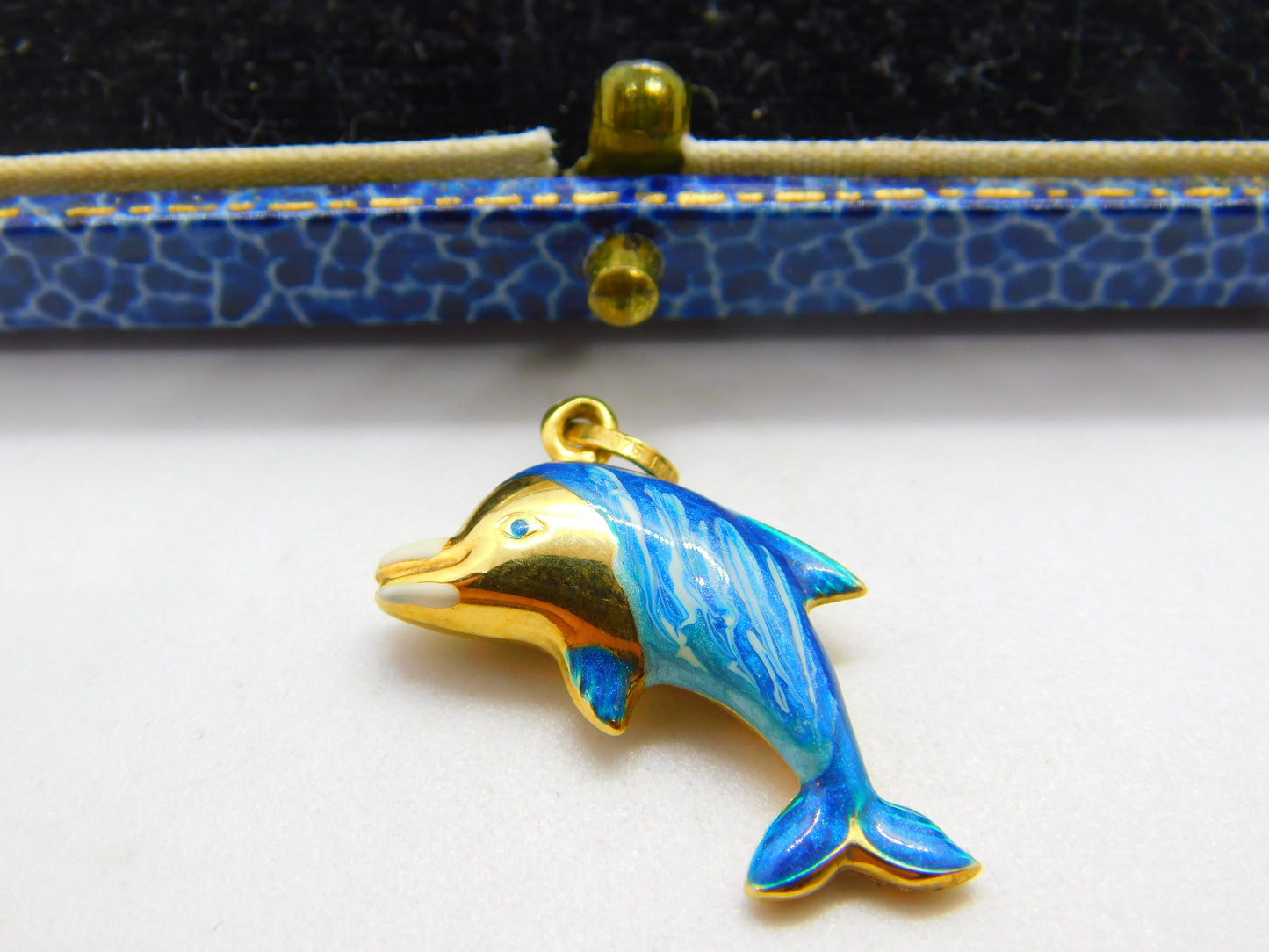 Italian 9ct Gold & Blue Enamel Leaping Dolphin Charm or Pendant Vintage c1980