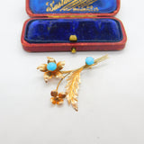 9ct Rose Gold & Cabochon Turquoise Set Floral Sprig Brooch Antique c1930 Deco