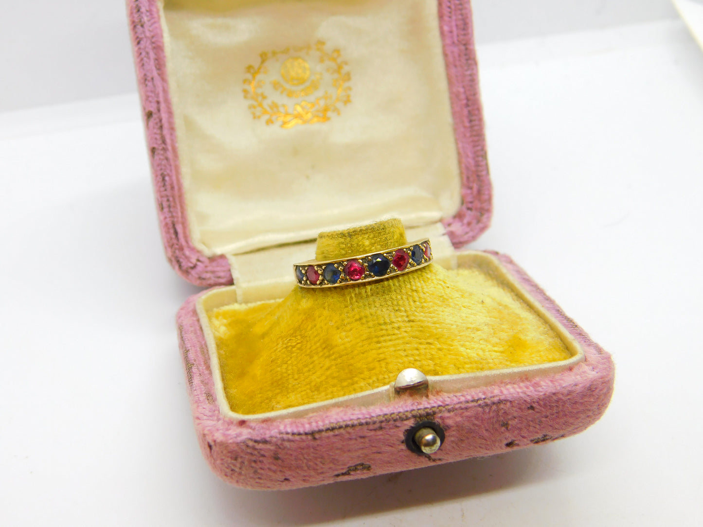 9ct Yellow Gold, Ruby & Sapphire Half Eternity Ring Vintage c1970 Birmingham