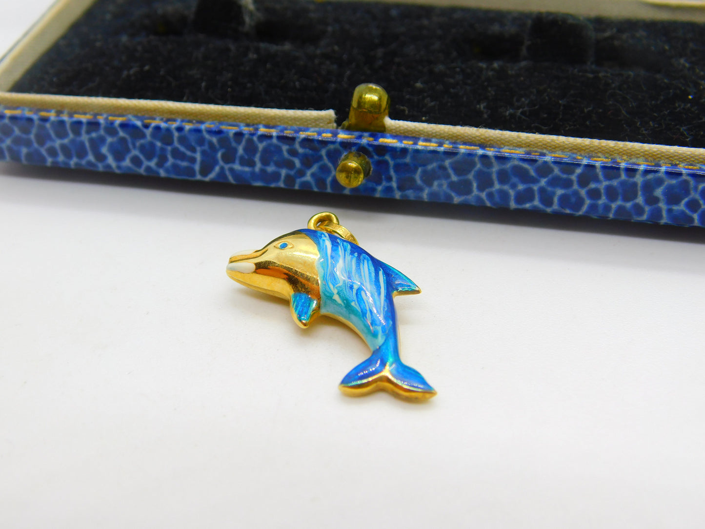 Italian 9ct Gold & Blue Enamel Leaping Dolphin Charm or Pendant Vintage c1980