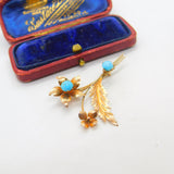 9ct Rose Gold & Cabochon Turquoise Set Floral Sprig Brooch Antique c1930 Deco