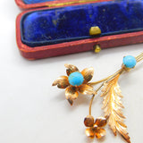 9ct Rose Gold & Cabochon Turquoise Set Floral Sprig Brooch Antique c1930 Deco