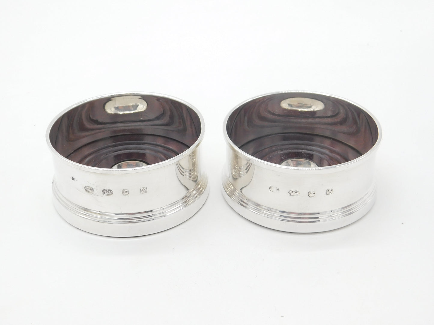 Pair of Contemporary Sterling Silver Wooden Base Bottle Coasters 2021 Birmingham