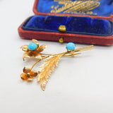 9ct Rose Gold & Cabochon Turquoise Set Floral Sprig Brooch Antique c1930 Deco