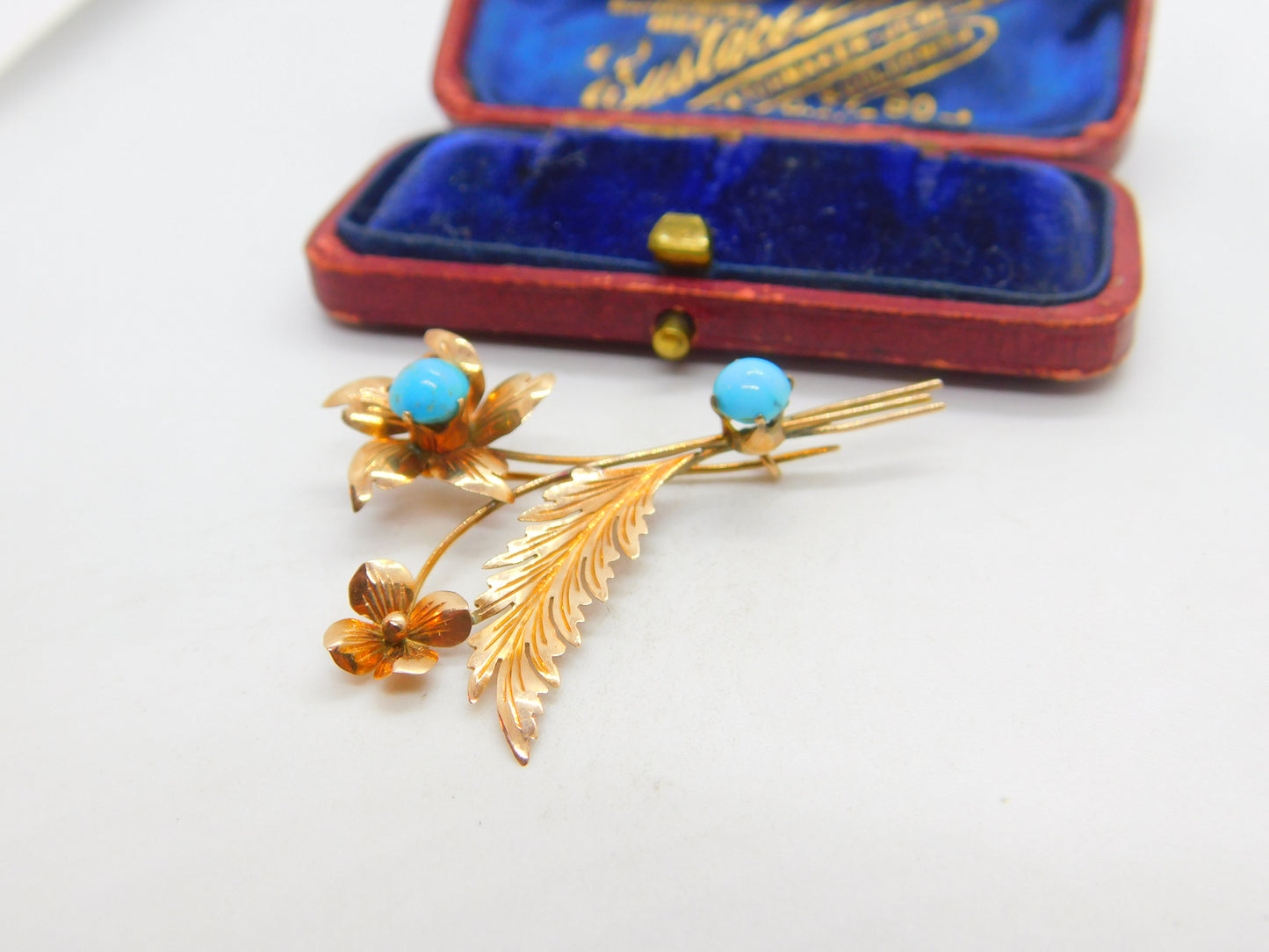 9ct Rose Gold & Cabochon Turquoise Set Floral Sprig Brooch Antique c1930 Deco