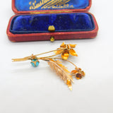 9ct Rose Gold & Cabochon Turquoise Set Floral Sprig Brooch Antique c1930 Deco