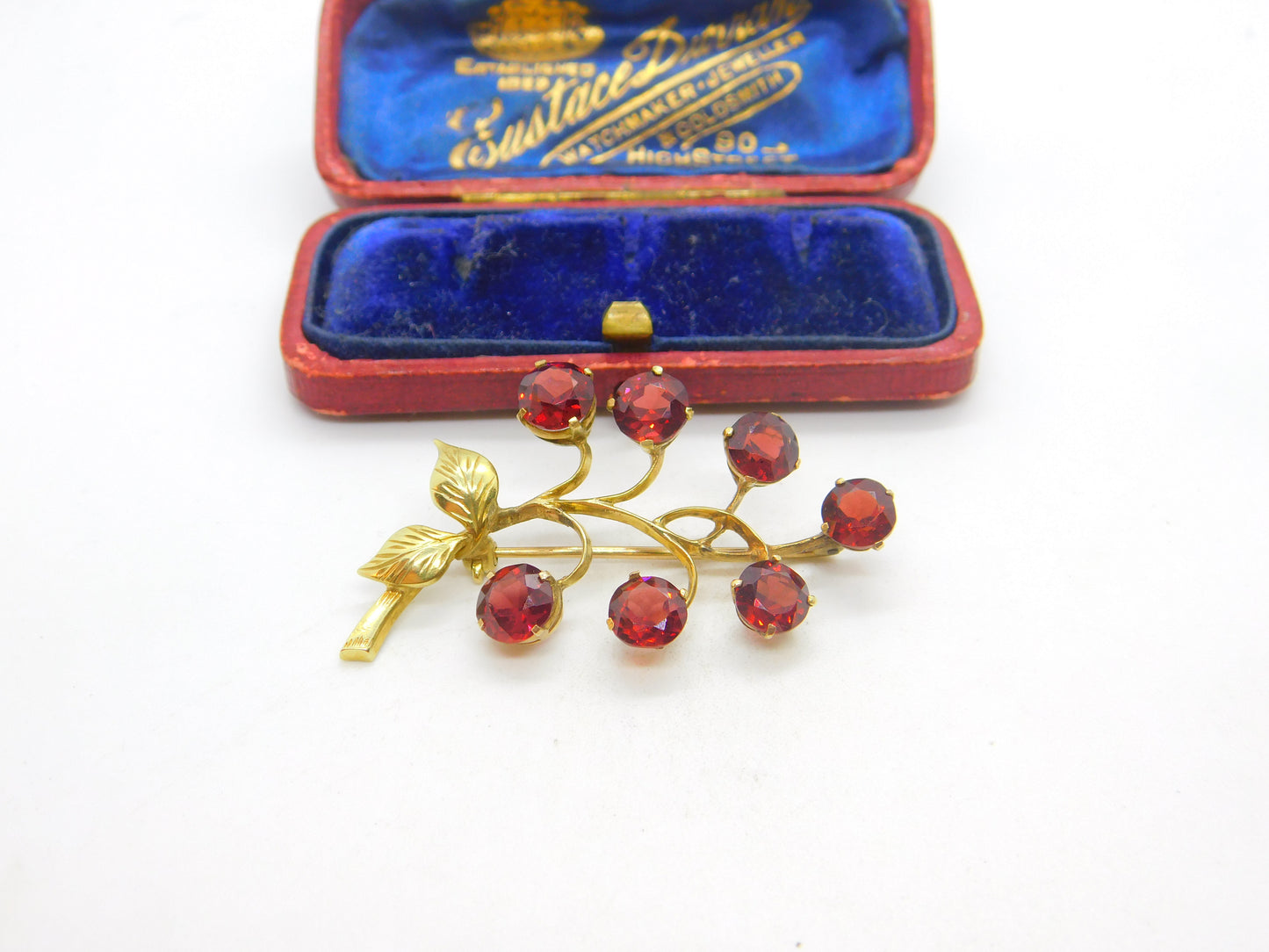 14ct Yellow Gold & Garnet Set Floral Sprig Brooch Antique c1930 Art Deco