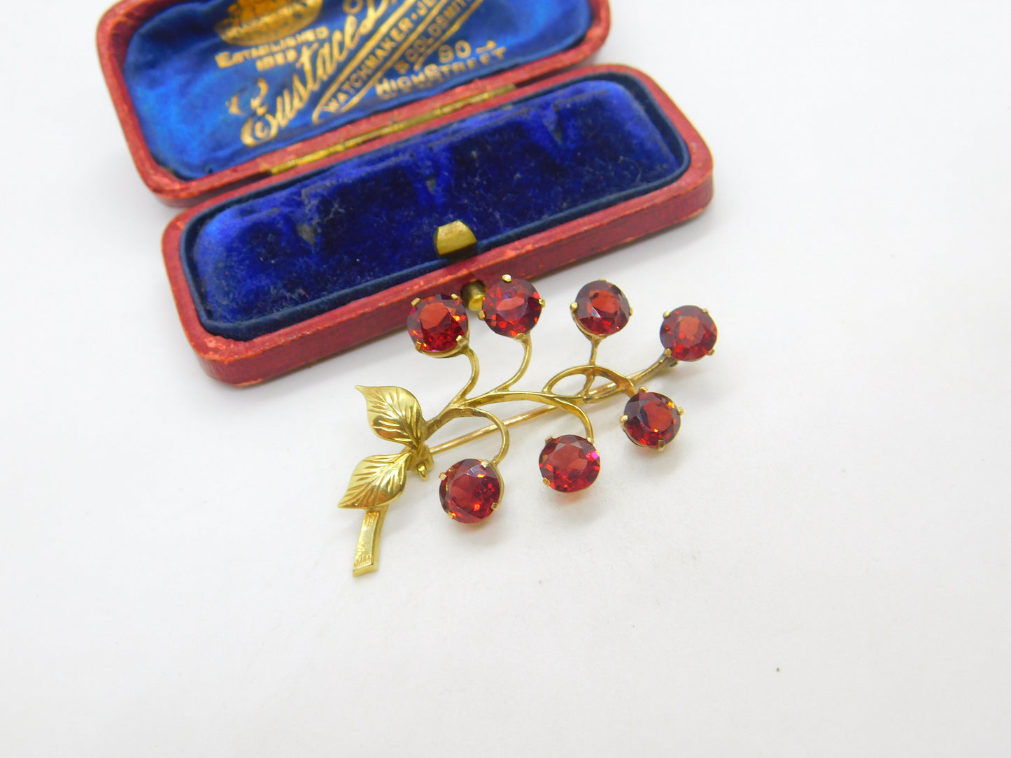 14ct Yellow Gold & Garnet Set Floral Sprig Brooch Antique c1930 Art Deco