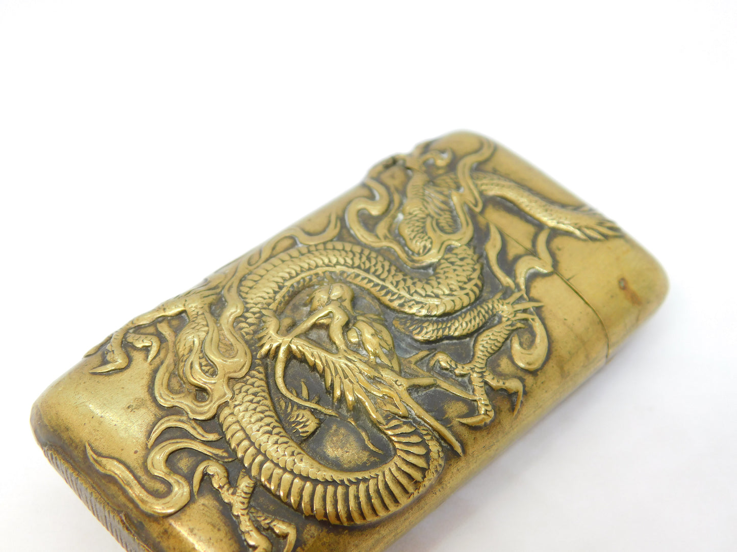 19th Century Chinese Brass Dragon Pattern Vesta Case Antique c1890