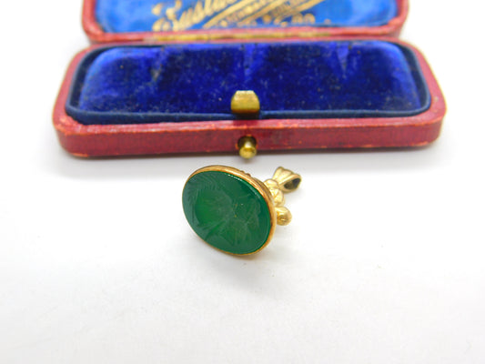 9ct Yellow Gold Carved Greenstone Centurion Fob Seal 1964 London Vintage