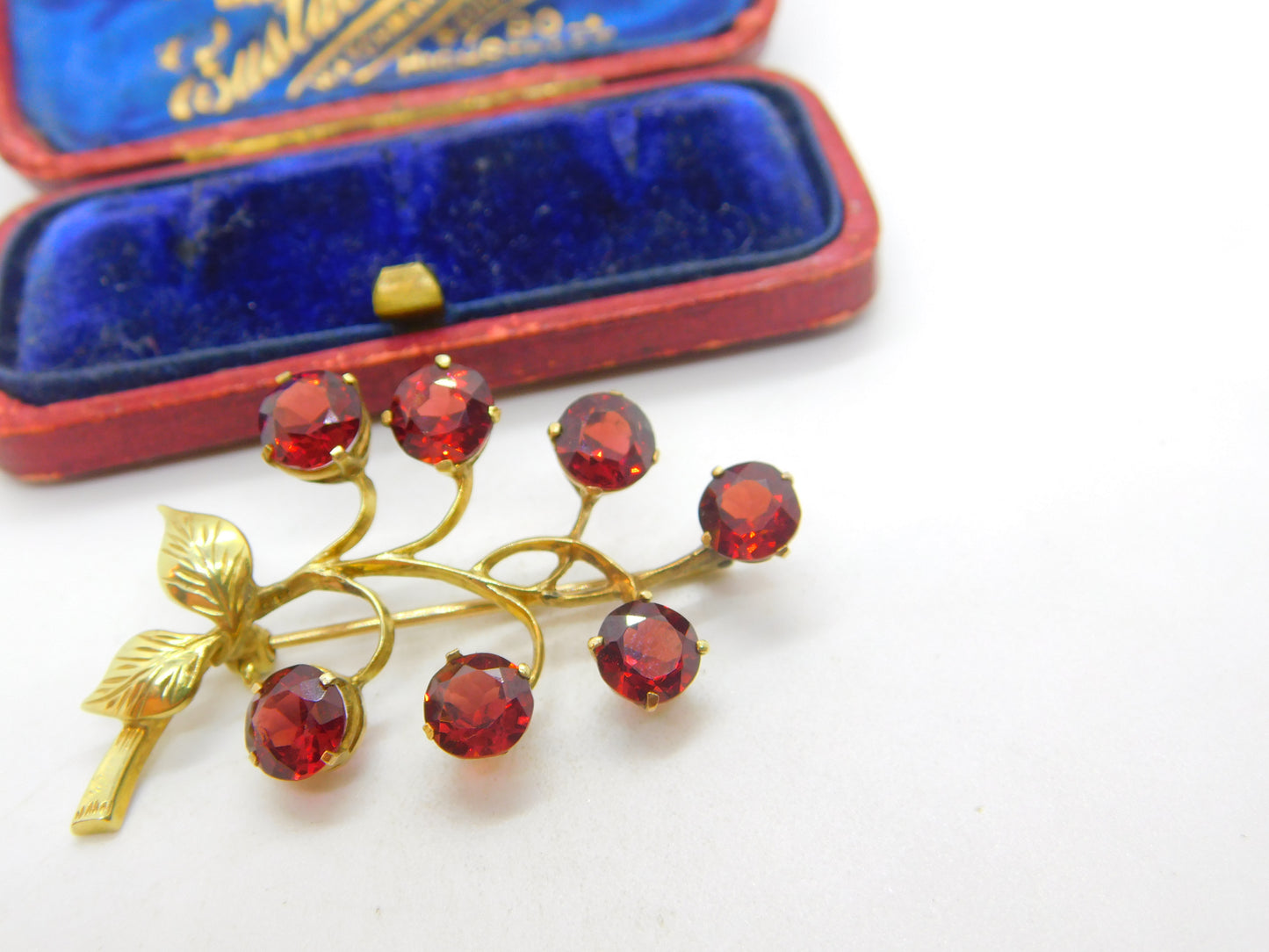 14ct Yellow Gold & Garnet Set Floral Sprig Brooch Antique c1930 Art Deco