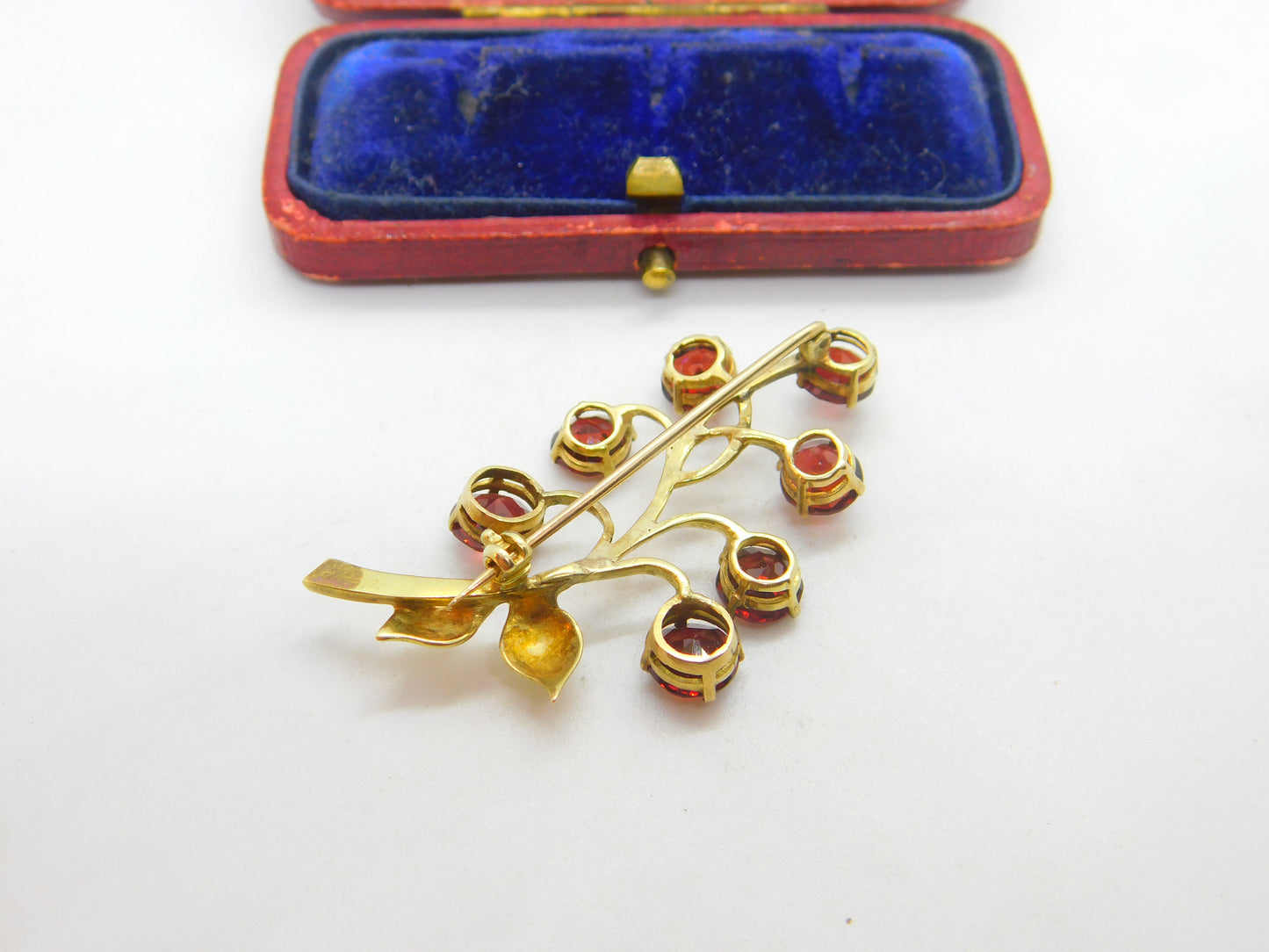 14ct Yellow Gold & Garnet Set Floral Sprig Brooch Antique c1930 Art Deco