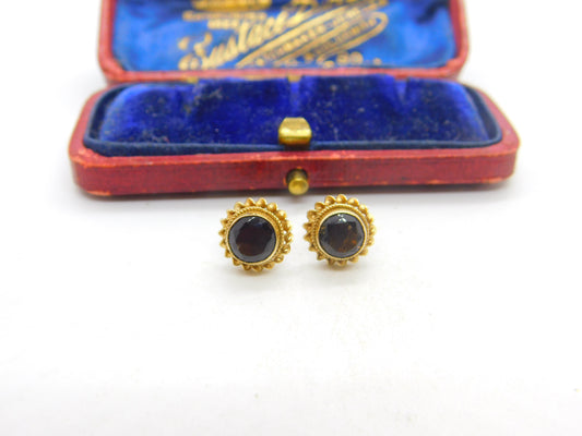 9ct Yellow Gold Smoky Quartz Floral Stud Earrings 1985 Birmingham Vintage