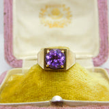 9ct Yellow Gold & Cushion Cut Amethyst Modernist Ring Vintage 1970 Birmingham