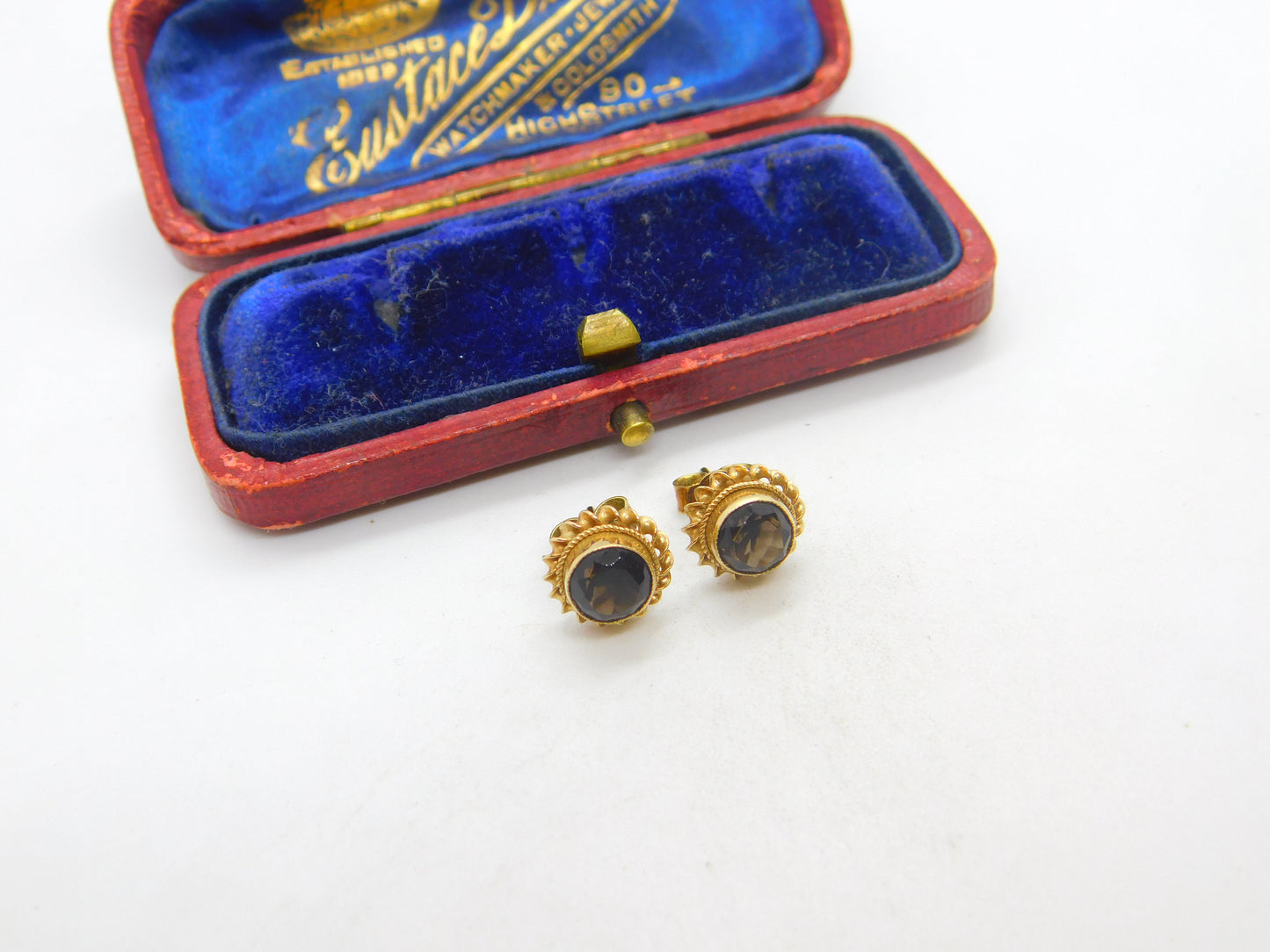 9ct Yellow Gold Smoky Quartz Floral Stud Earrings 1985 Birmingham Vintage