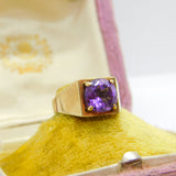 9ct Yellow Gold & Cushion Cut Amethyst Modernist Ring Vintage 1970 Birmingham