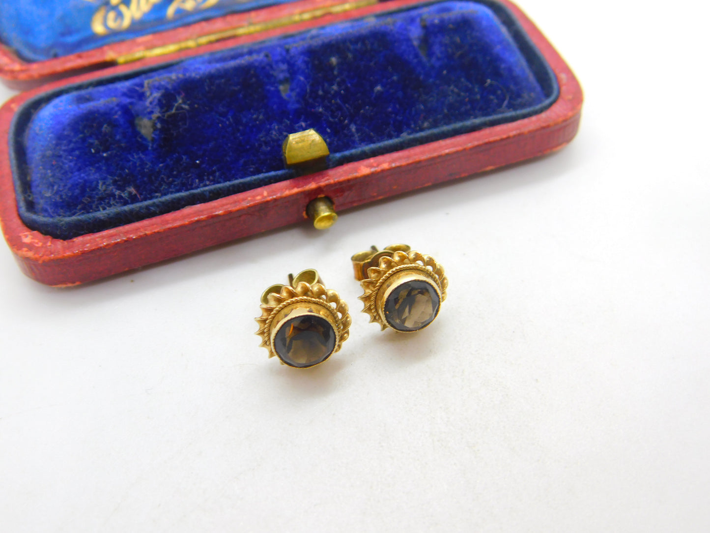 9ct Yellow Gold Smoky Quartz Floral Stud Earrings 1985 Birmingham Vintage