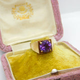 9ct Yellow Gold & Cushion Cut Amethyst Modernist Ring Vintage 1970 Birmingham