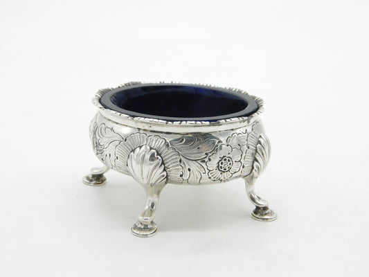 George II Sterling Silver Floral Blue Lined Salt Cellar c1740 London Antique