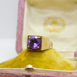 9ct Yellow Gold & Cushion Cut Amethyst Modernist Ring Vintage 1970 Birmingham