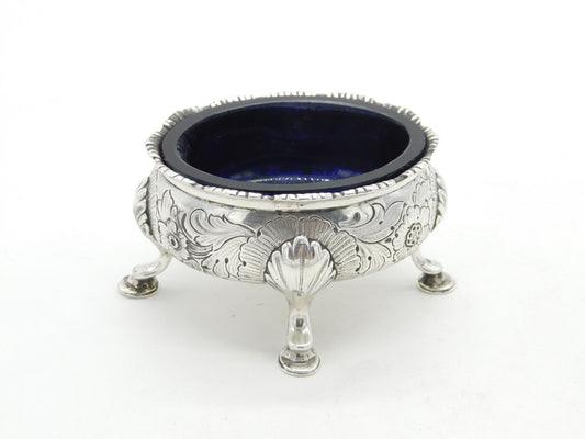 George II Sterling Silver Floral Blue Lined Salt Cellar c1740 London Antique