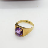 9ct Yellow Gold & Cushion Cut Amethyst Modernist Ring Vintage 1970 Birmingham