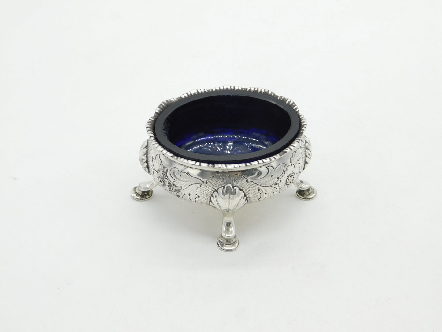 George II Sterling Silver Floral Blue Lined Salt Cellar c1740 London Antique