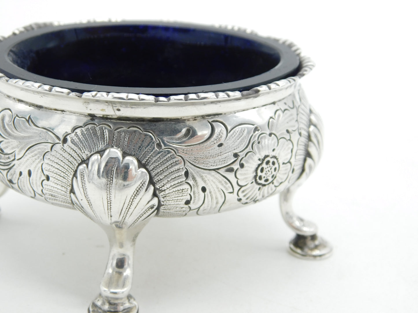 George II Sterling Silver Floral Blue Lined Salt Cellar c1740 London Antique