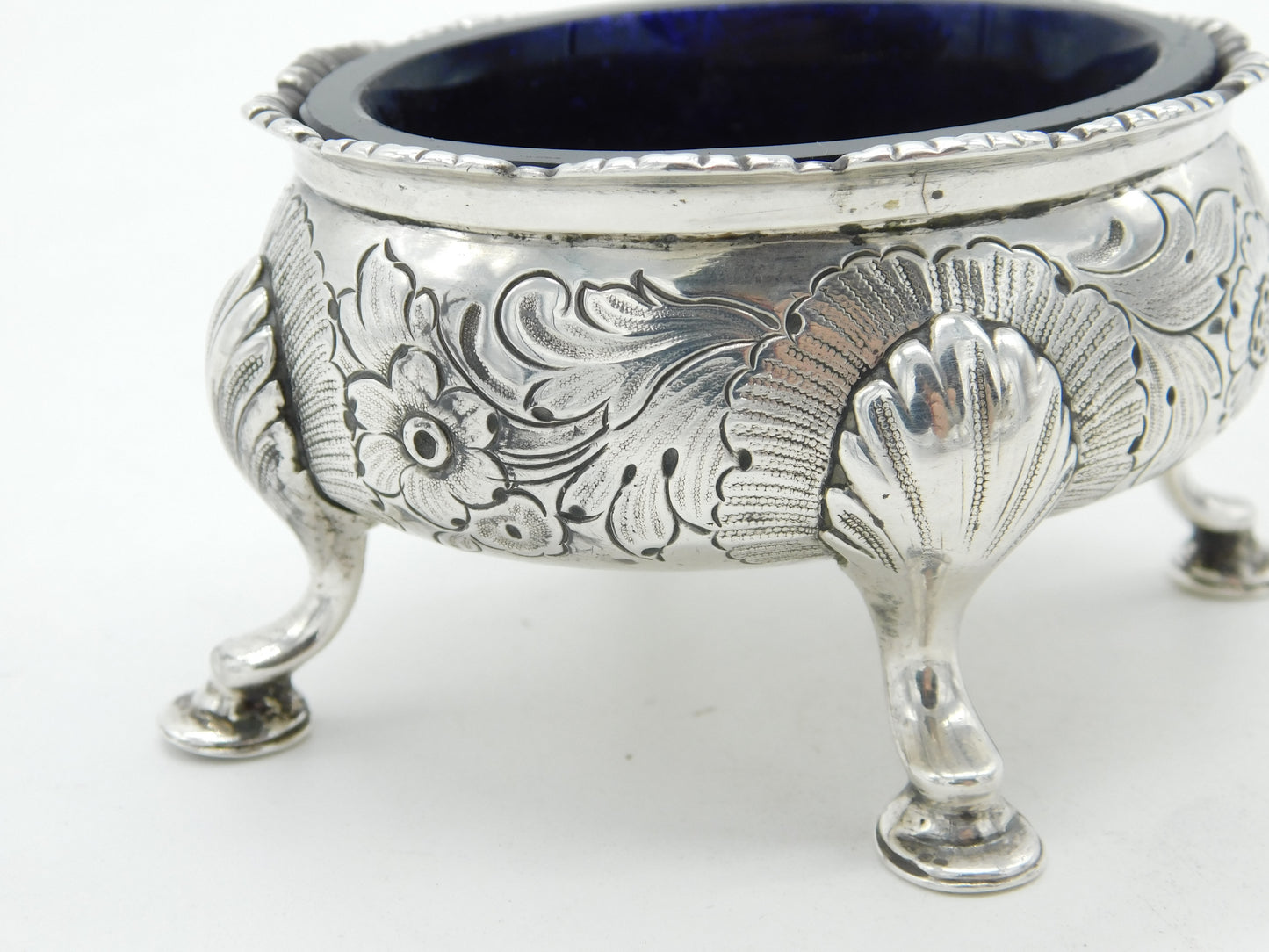 George II Sterling Silver Floral Blue Lined Salt Cellar c1740 London Antique