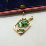 10ct Yellow Gold & Natural Emerald Flower Drop Pendant Vintage c1980